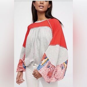 Free People Red and Light Gray Patchwork Peasant Blouse with Floral Bell Sleeves